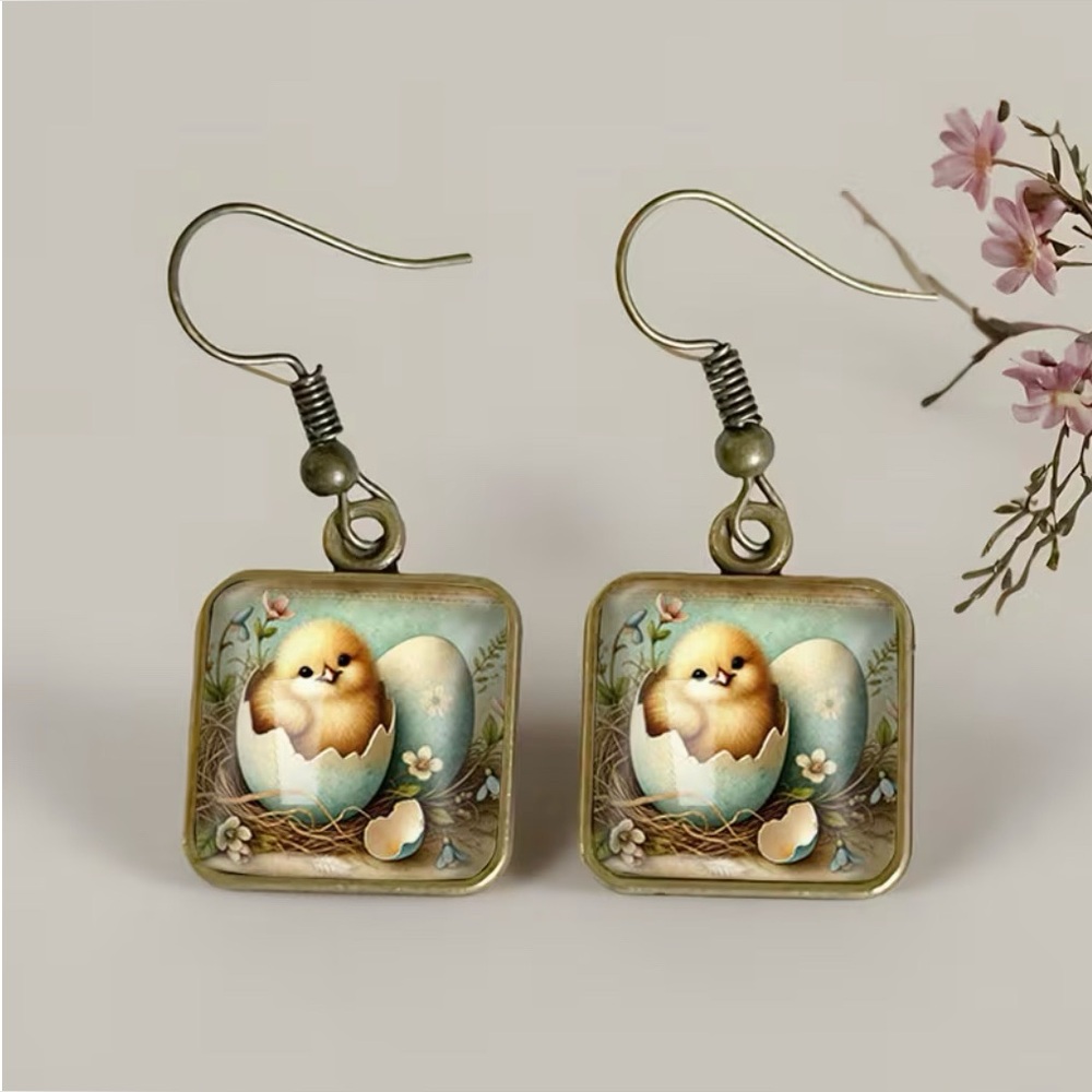 Spring Peep Easter Chick Square Dangle Earrings New